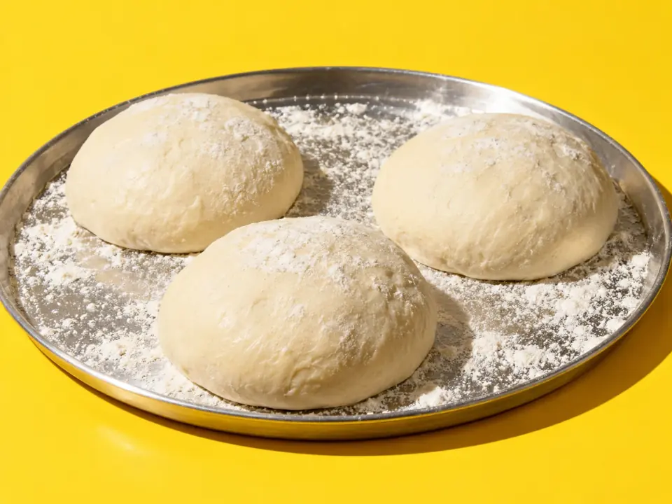Rohe Pizzateiglinge auf einem bemehlten Blech. KI-Konzeptbild.